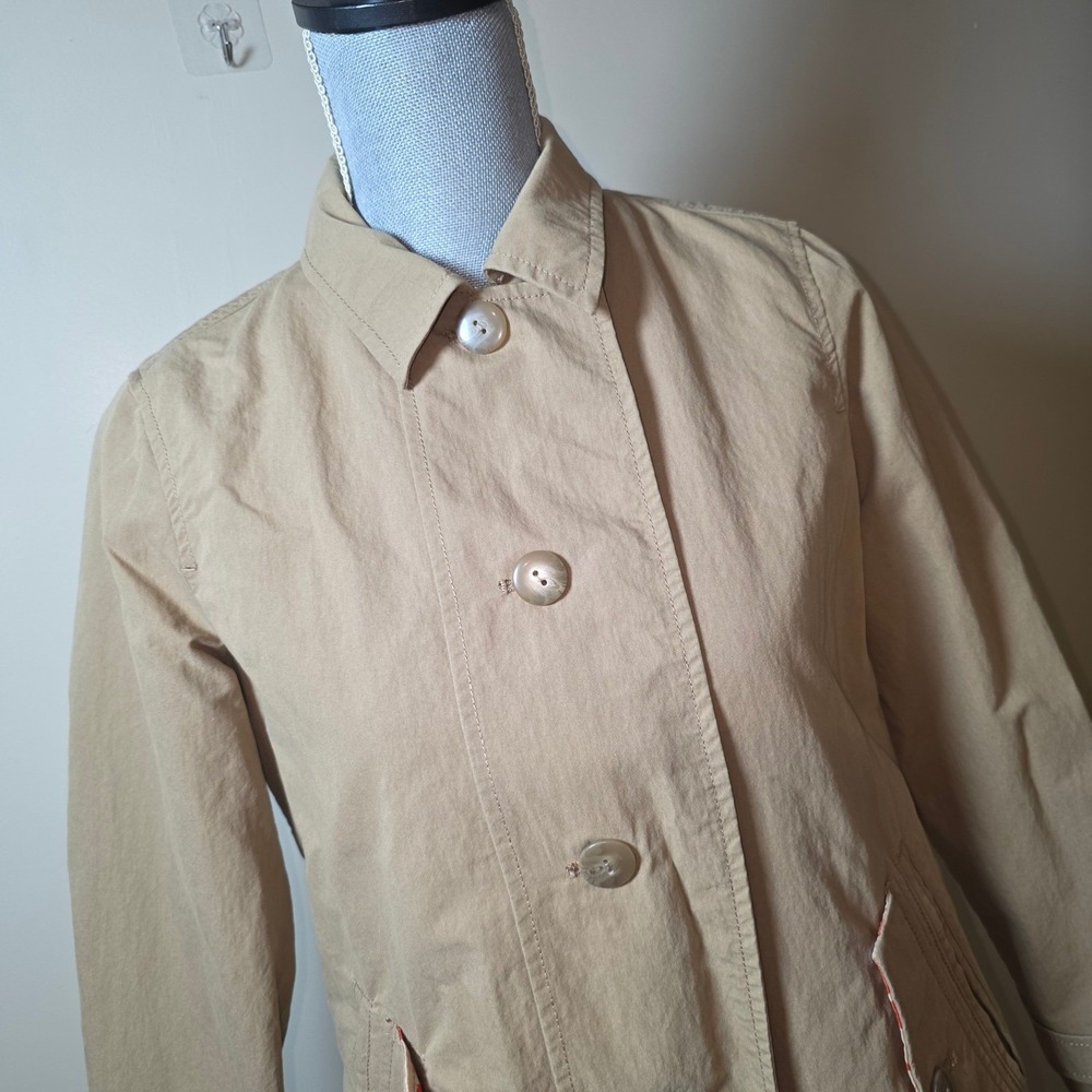 Coldwater Creek Khaki Trench Coat Elephant Print Lining‎ Tan Petite 4 P4